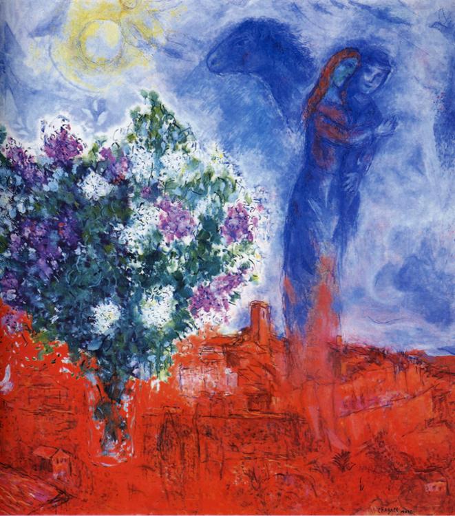 Lovers over Sant-Paul painting - Marc Chagall Lovers over Sant-Paul art painting